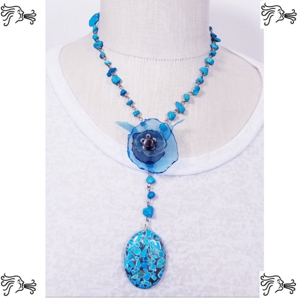 Y Necklace Turquoise Stone Silver Chain